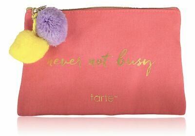 tarte Never Not Busy Makeup Cosmetics Bag Pink with pompoms & top zip.