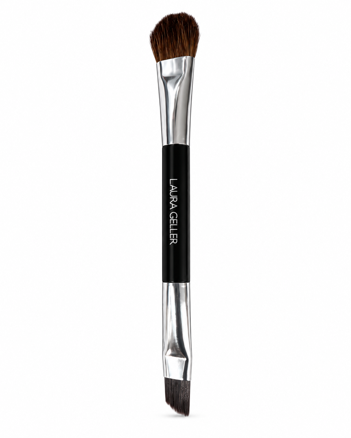 Laura Geller travel brush with brown rounded bristles, dark angled bristles and black branded handle