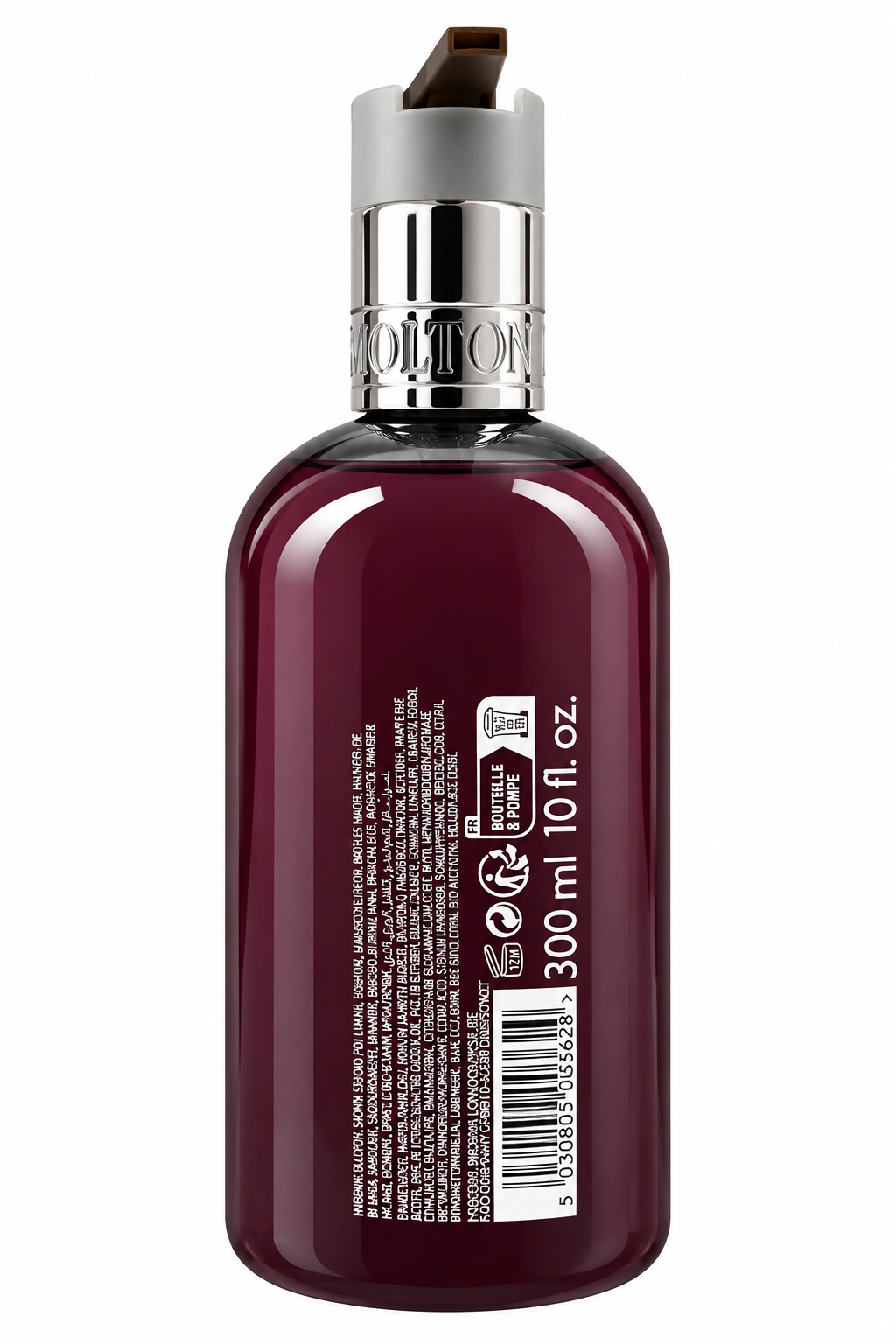 Back of Molton Brown Fiery Pink Pepper Fine Liquid Hand Wash bottle showing ingredients and 300ml size