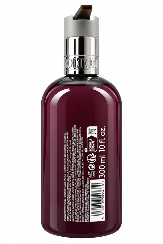 Back of Molton Brown Fiery Pink Pepper Fine Liquid Hand Wash bottle showing ingredients and 300ml size