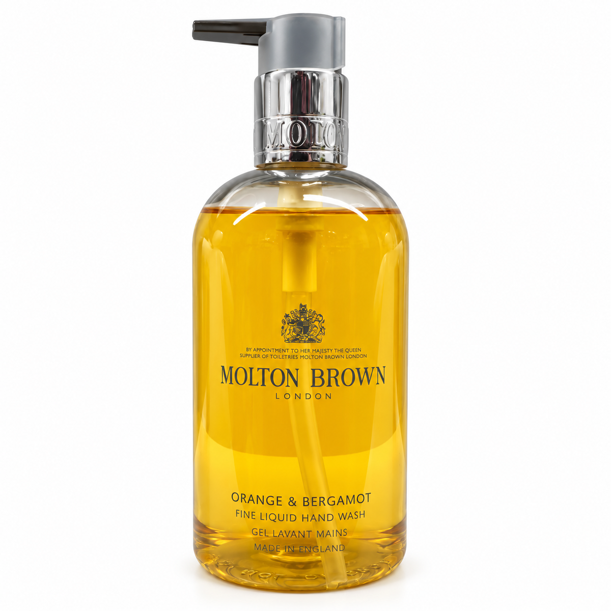Back view of Molton Brown Orange and Bergamot Fine Liquid Hand Wash 300ml showing barcode and bottle details