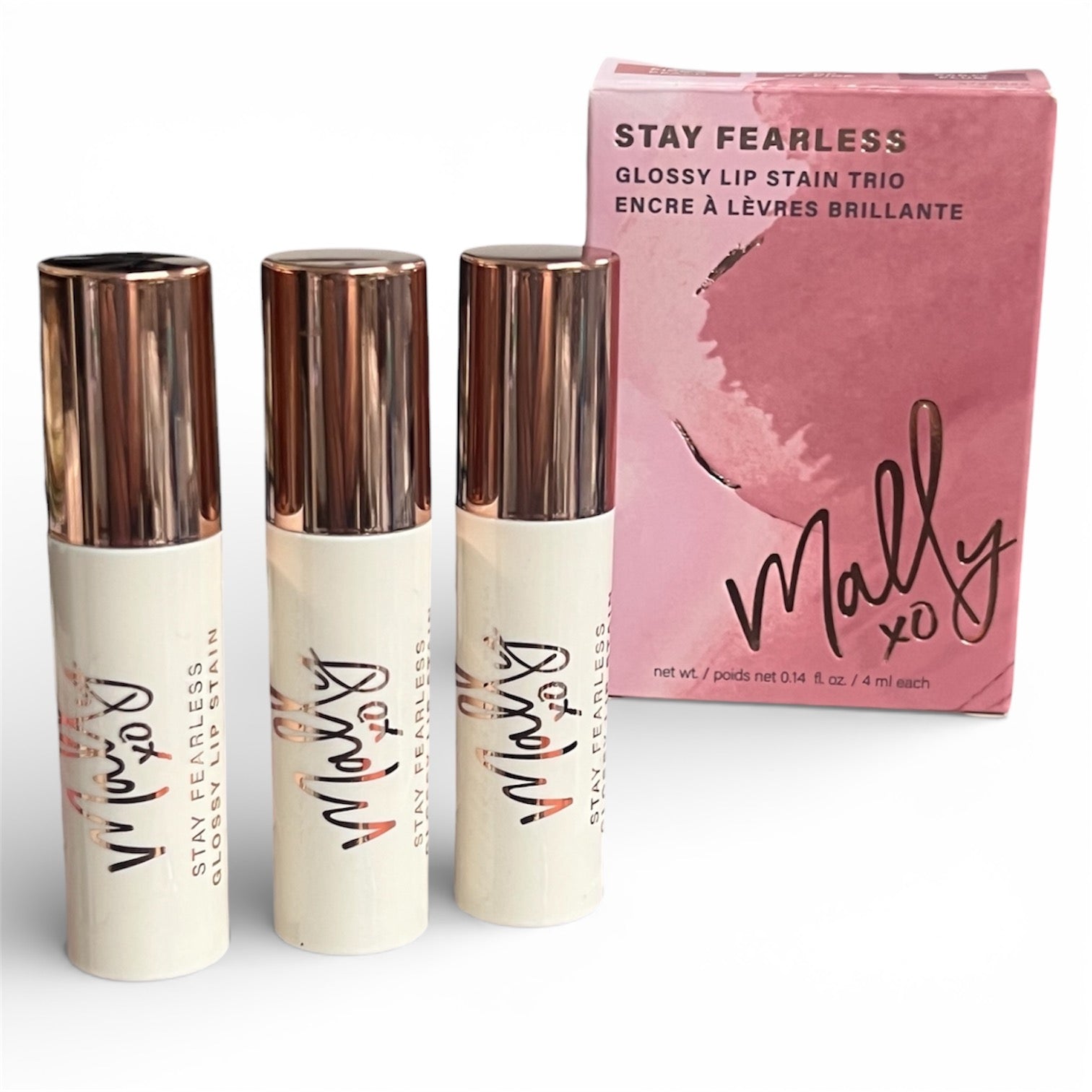 Mally xO Stay Fearless Glossy Lip Stain Trio | Pick a Peach, Pop of Pink & Party Plum 3 x 4ml Lip Stain
