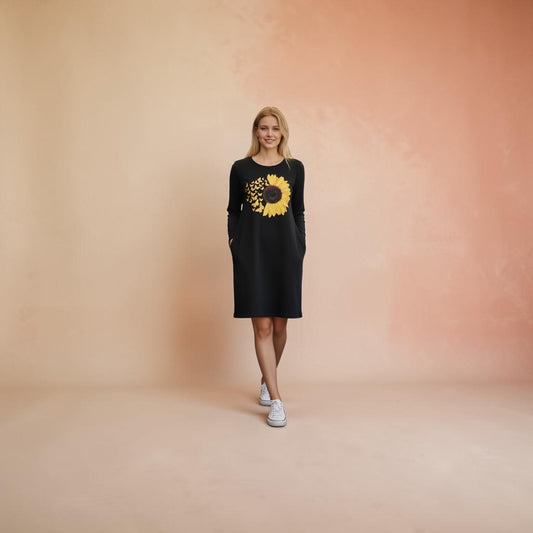 Black Sunflower & Butterfly Print Sweatshirt Dress with Pockets (16/18)