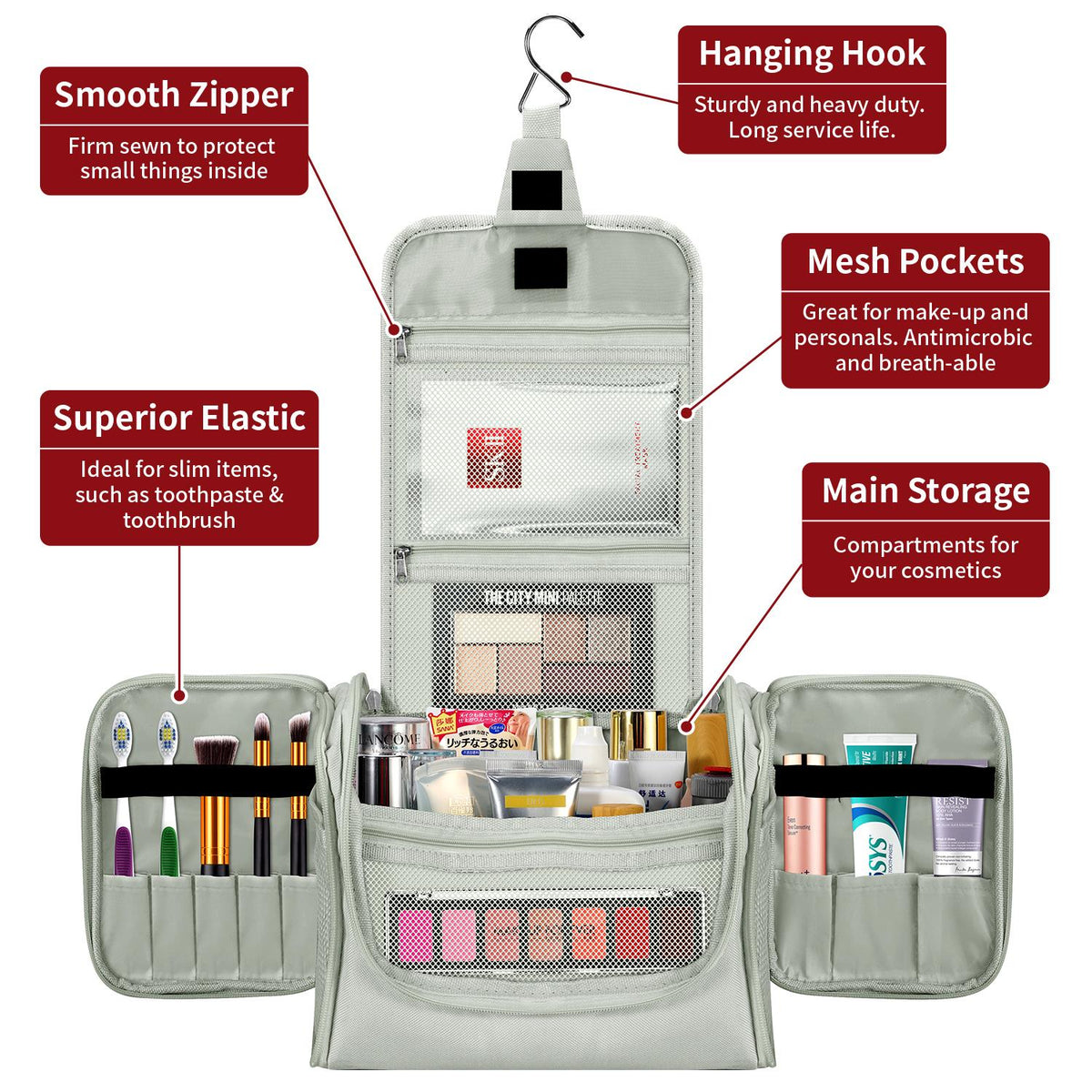 Vinsani Hanging Toiletry & Makeup Travel Bag – Light Grey