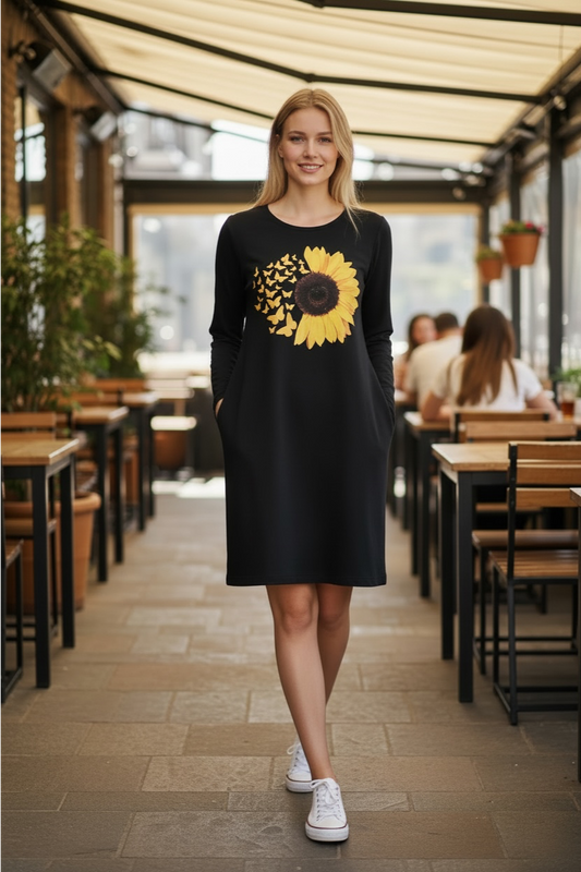 Black Sunflower & Butterfly Print Sweatshirt Dress with Pockets (16/18)
