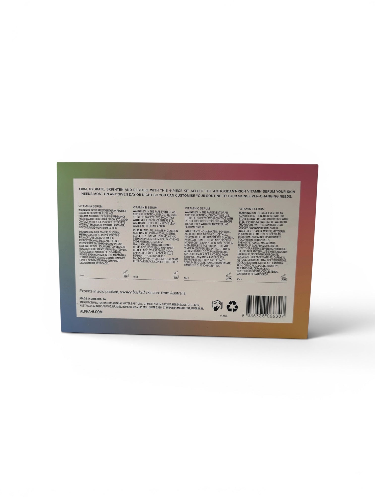 MuchMoreBeautyStore Alpha-H Vitamin Discovery Kit, a 4-piece set with Vitamin A, B, C, and E serums for skin firming, hydration, and restoration.