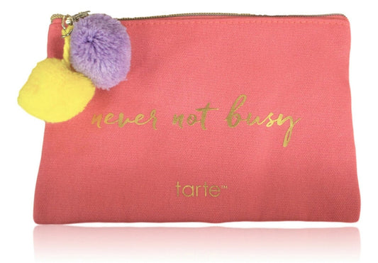 tarte Never Not Busy Makeup Cosmetics Bag Pink with pompoms & top zip.